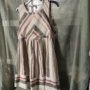 Very J Cream and Olive Striped Sleeveless Dress